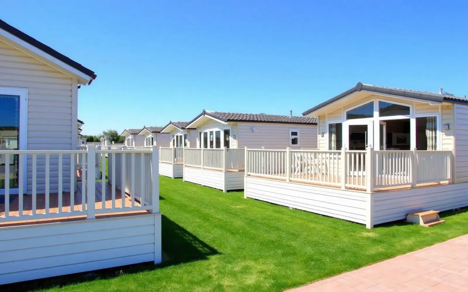 Row of modern static caravans at a UK holiday park
